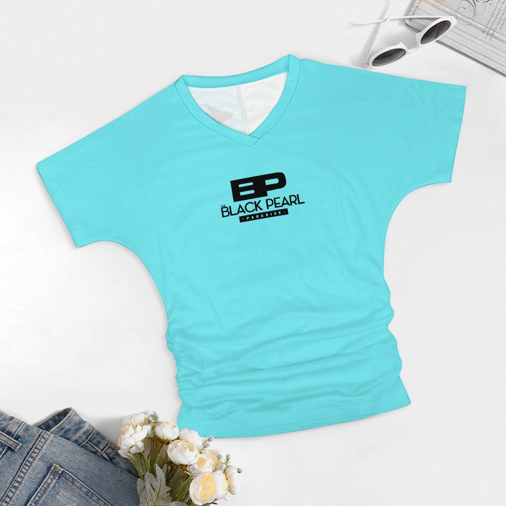 V-neck pleated T-shirt