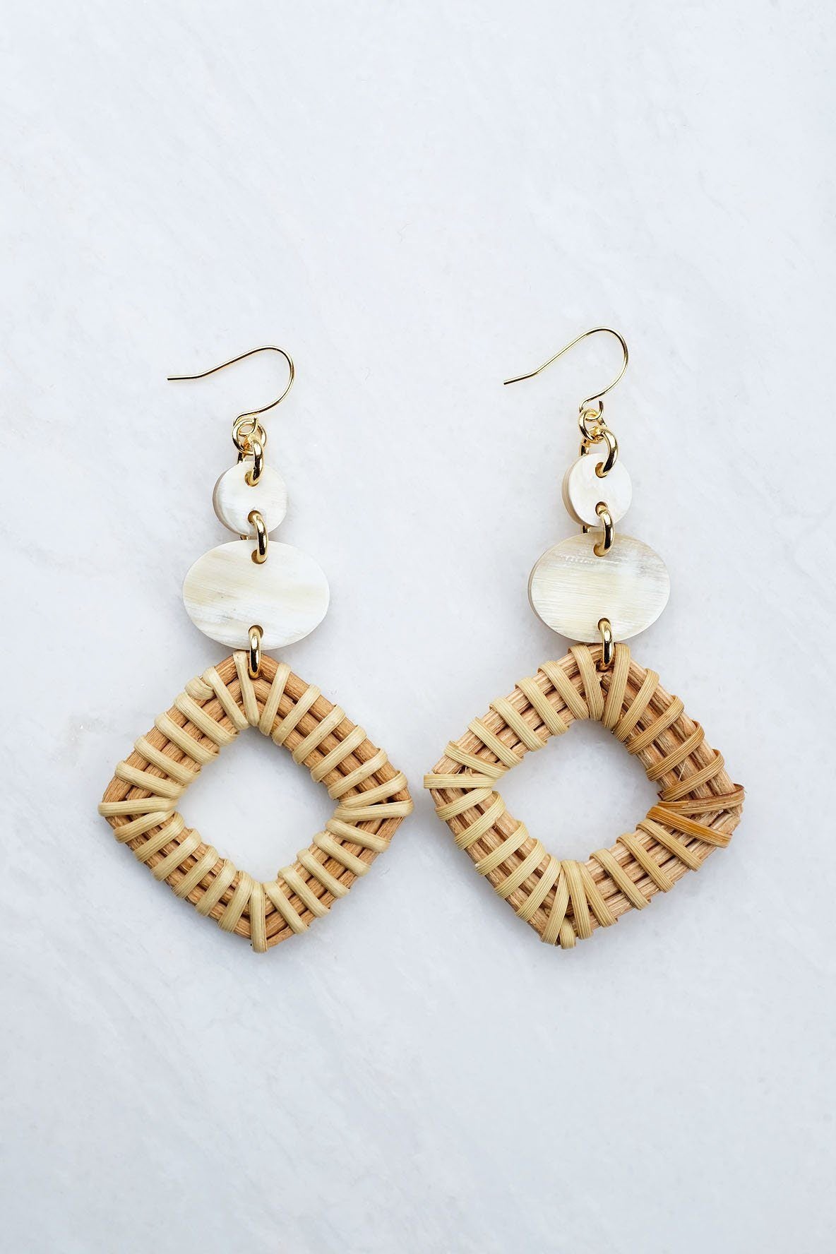 Xuan 16K Gold-Plated Brass Buffalo Horn & Rattan/Wicker Geo Statement Earrings