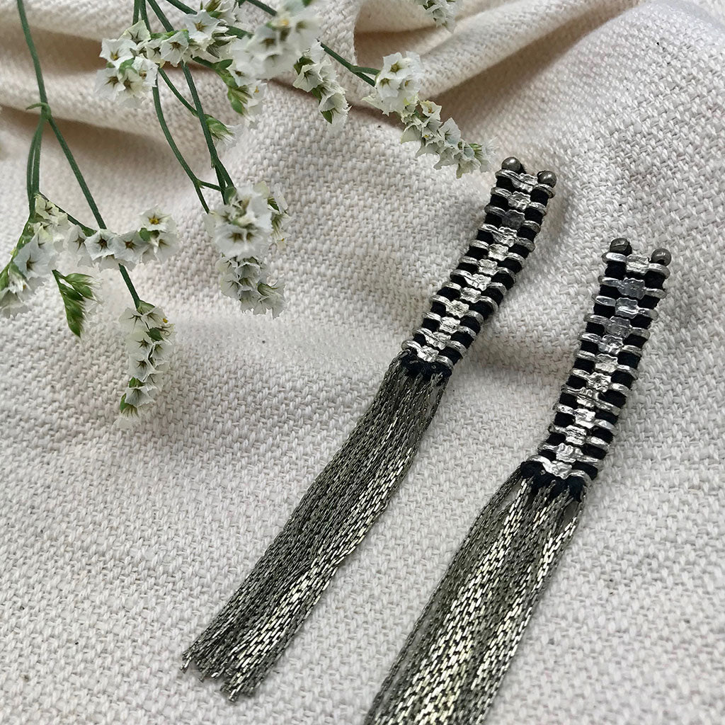 Silver Temple Tassel Earrings