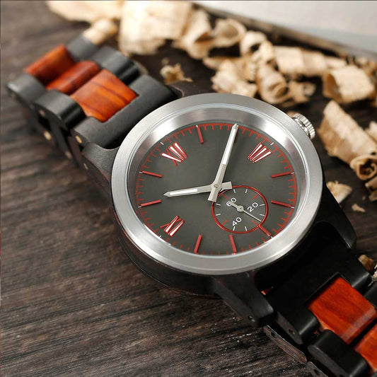 Men's Handcrafted Engraving Ebony & Rose Wood Watch - Best Gift Idea!