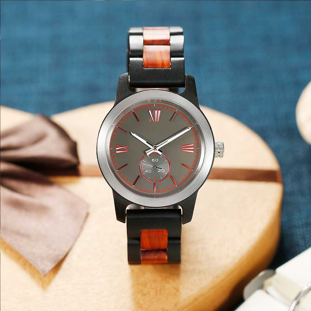 Men's Handcrafted Engraving Ebony & Rose Wood Watch - Best Gift Idea!